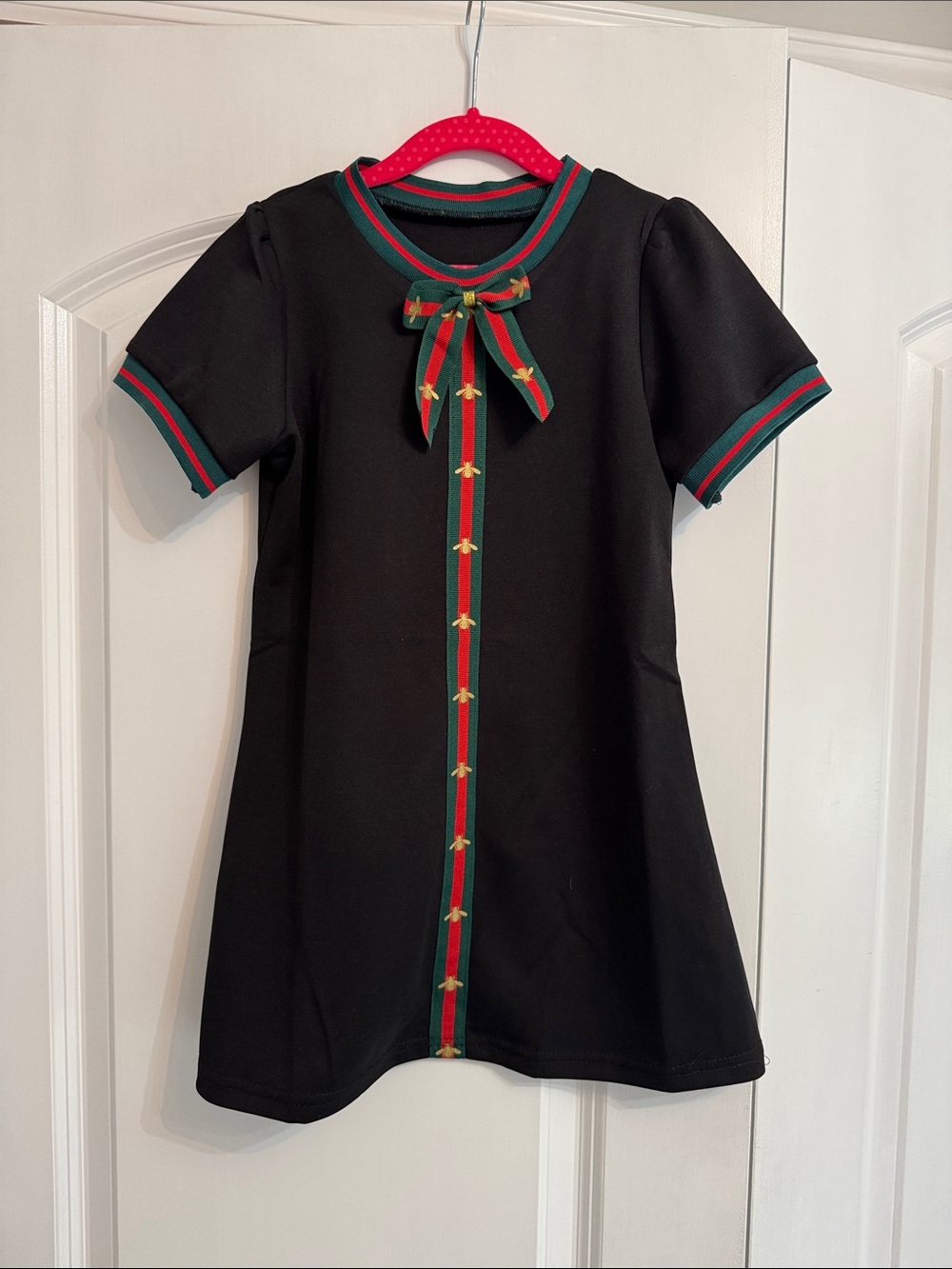 Mia Belle Girls Black Bow-Trim A-Line Dress with Green & Red Accents